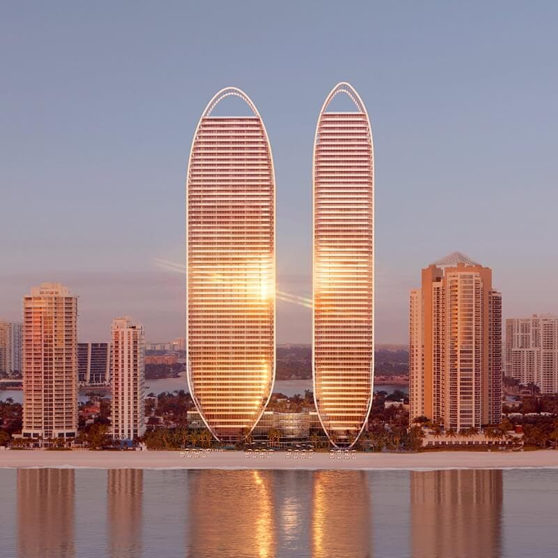 The St. Regis Residences twin towers at sunset, Sunny Isles Beach